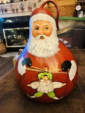 Large Hand Painted Gourd Folk Art Santa Small Jester Signed One Of A Kind